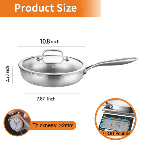 DELARLO pan interior shows tri-ply surface for even heat distribution.