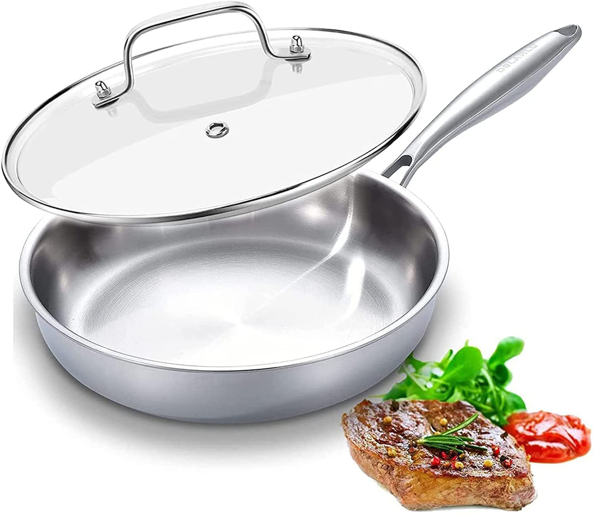 DELARLO 10-inch stainless steel pan top view with wide cooking surface for family meals.