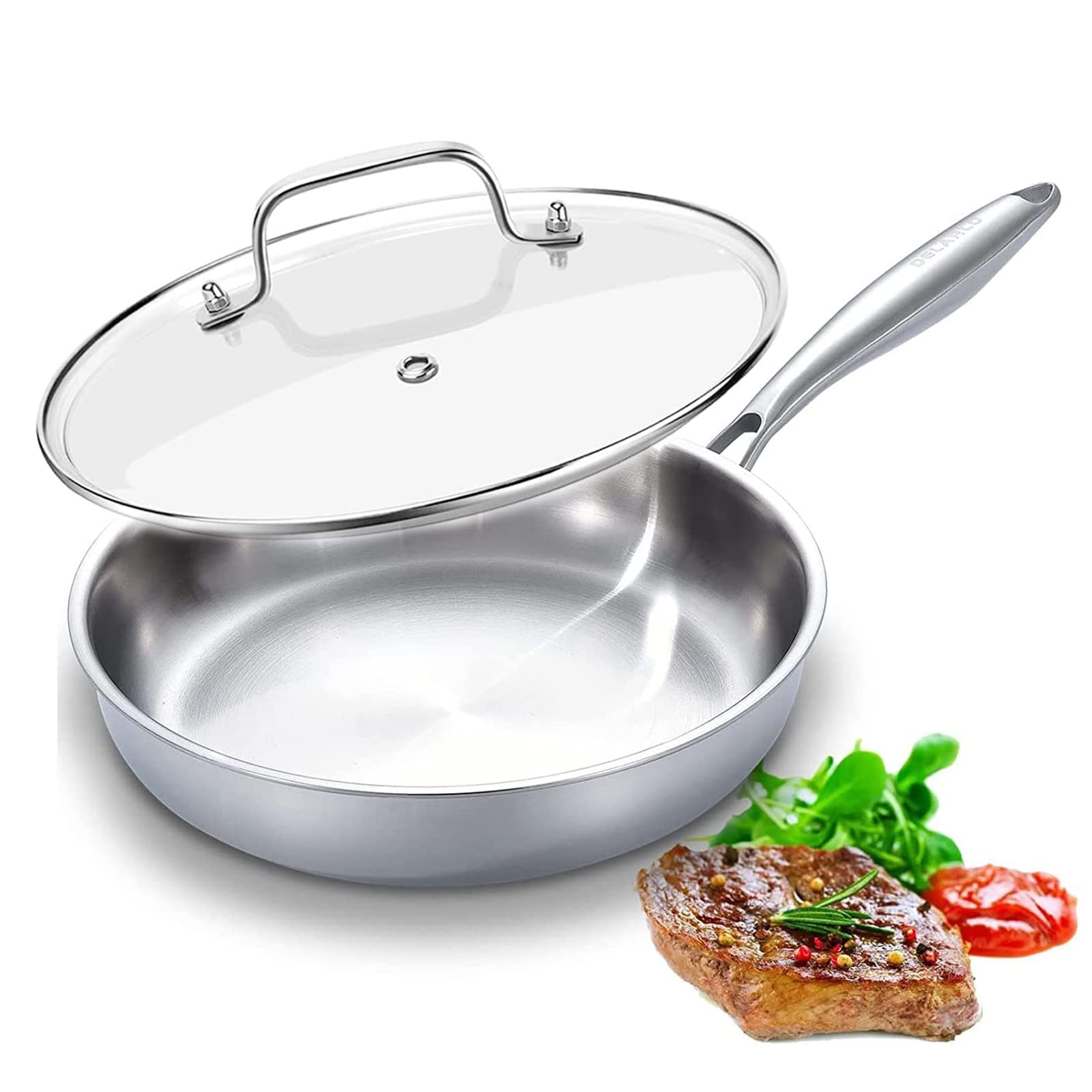 DELARLO 12-inch tri-ply pan body view showing even heat distribution for consistent searing