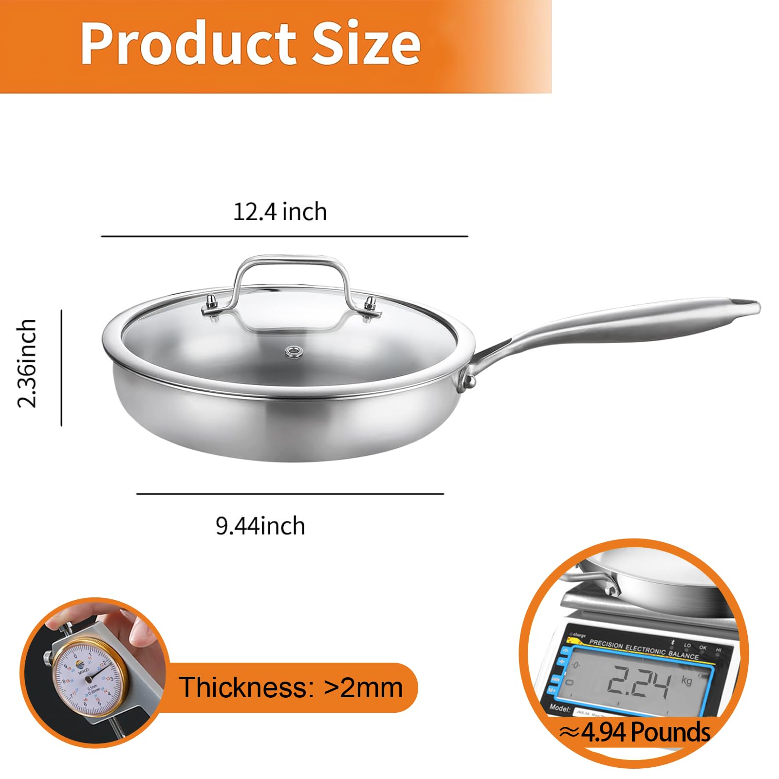 DELARLO 12-inch pan close-up demonstrates drip-free pour with encapsulated rim