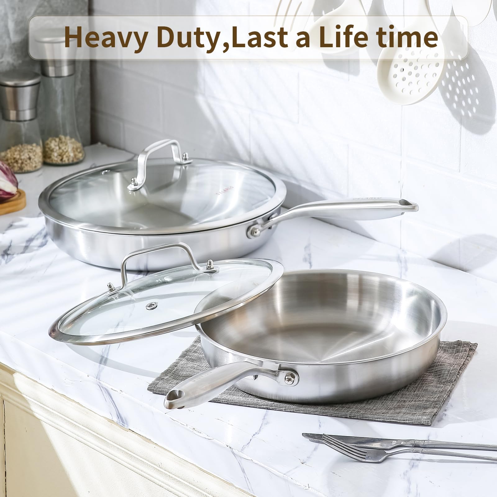 DELARLO 12-inch pan handle close-up highlights heat-resistant grip for safe transfers