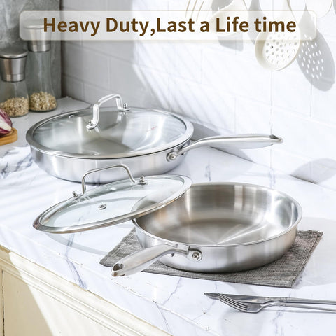 DELARLO 12-inch pan handle close-up highlights heat-resistant grip for safe transfers