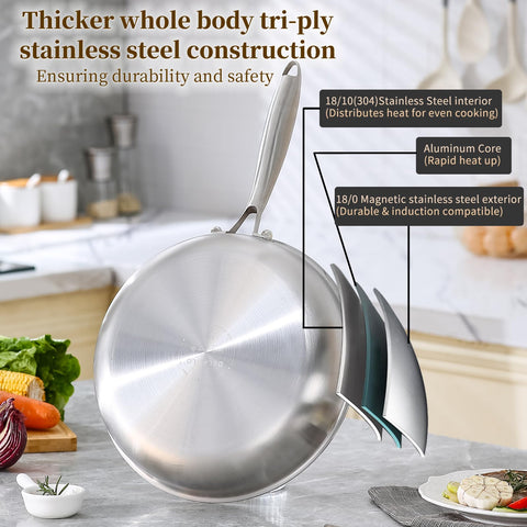 DELARLO 12-inch frying pan with lid demonstrates easy monitoring through the glass lid