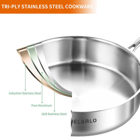 Close-up of DELARLO tri-ply 6-quart sauté pan for versatile cooking