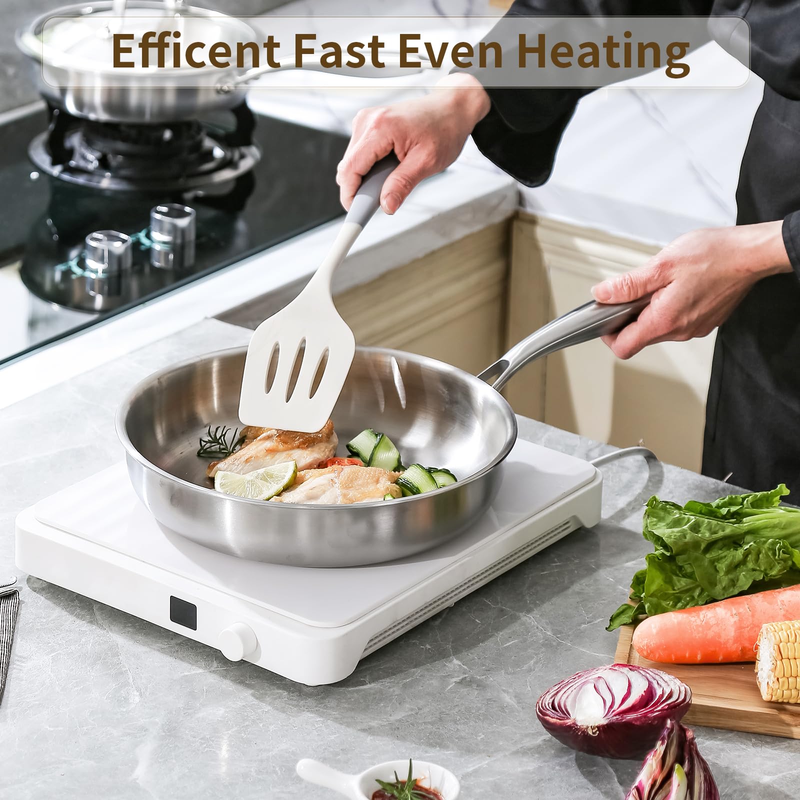 DELARLO Tri-Ply inner surface close-up emphasizes non-toxic cooking surface preserves flavor