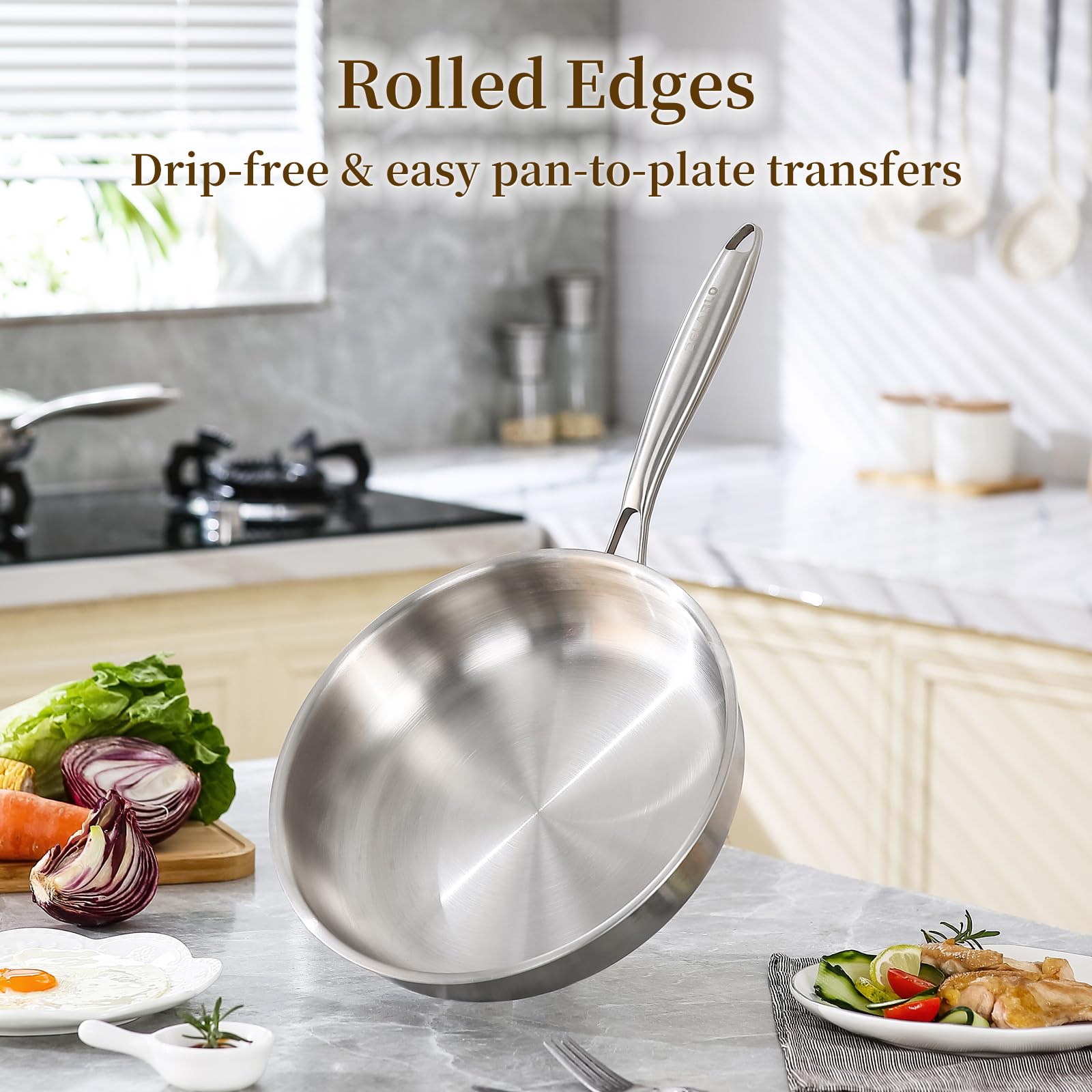 DELARLO Tri-Ply frying pan in oven demonstrates oven-safe performance up to 600°F