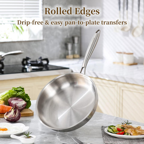 DELARLO Tri-Ply frying pan in oven demonstrates oven-safe performance up to 600°F