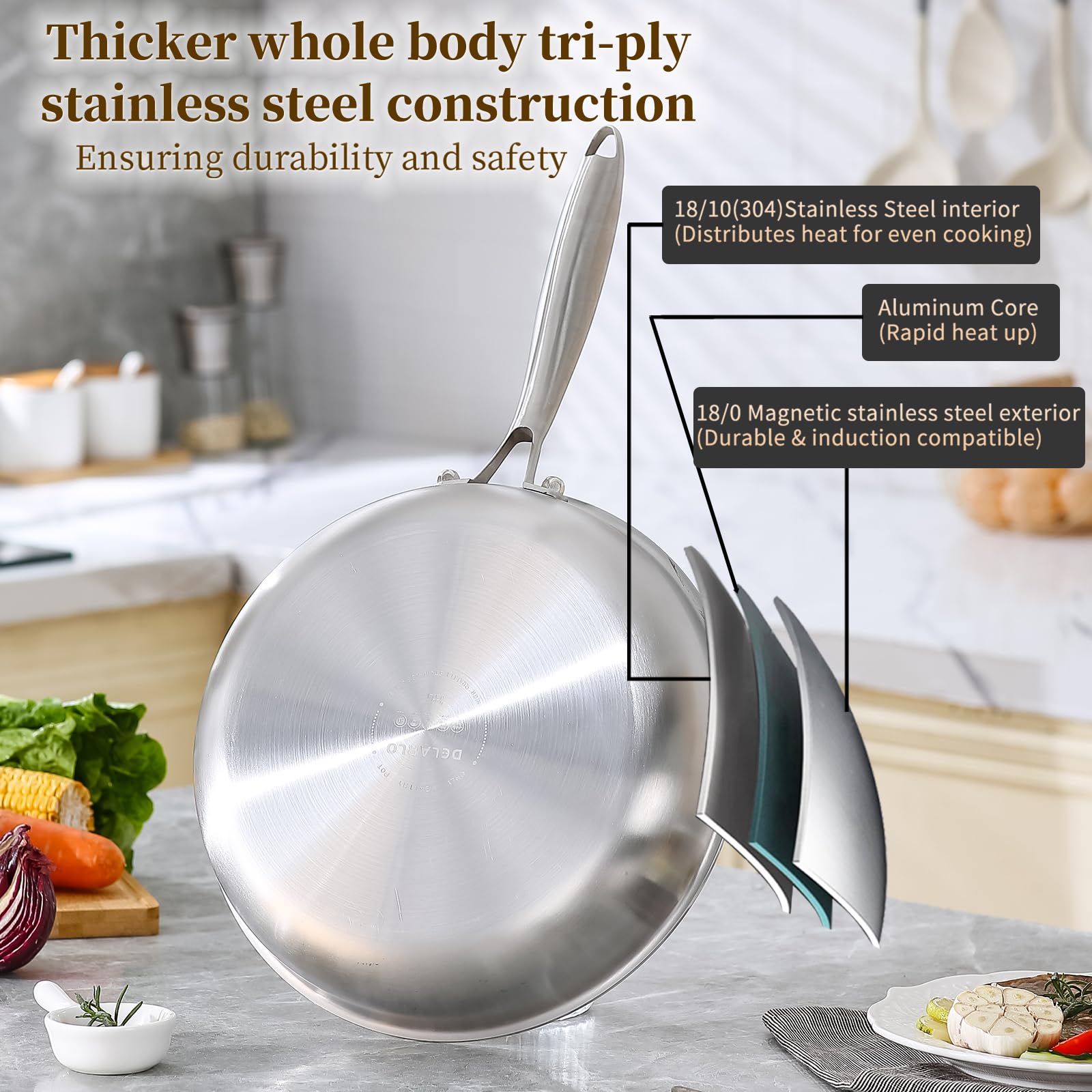 DELARLO Tri-Ply frying pan on stove demonstrates fast, uniform heat distribution