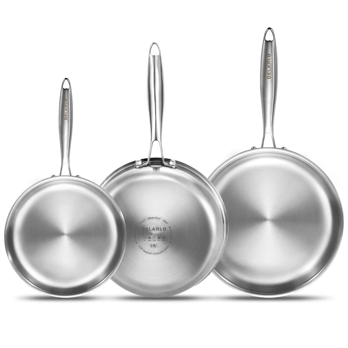 Delarlo Tri-Ply 8-inch frying pan side view highlights quick heat distribution for searing.