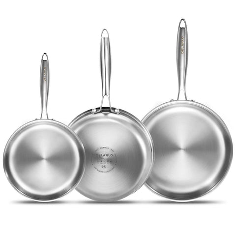 Delarlo Tri-Ply 8-inch frying pan side view highlights quick heat distribution for searing.