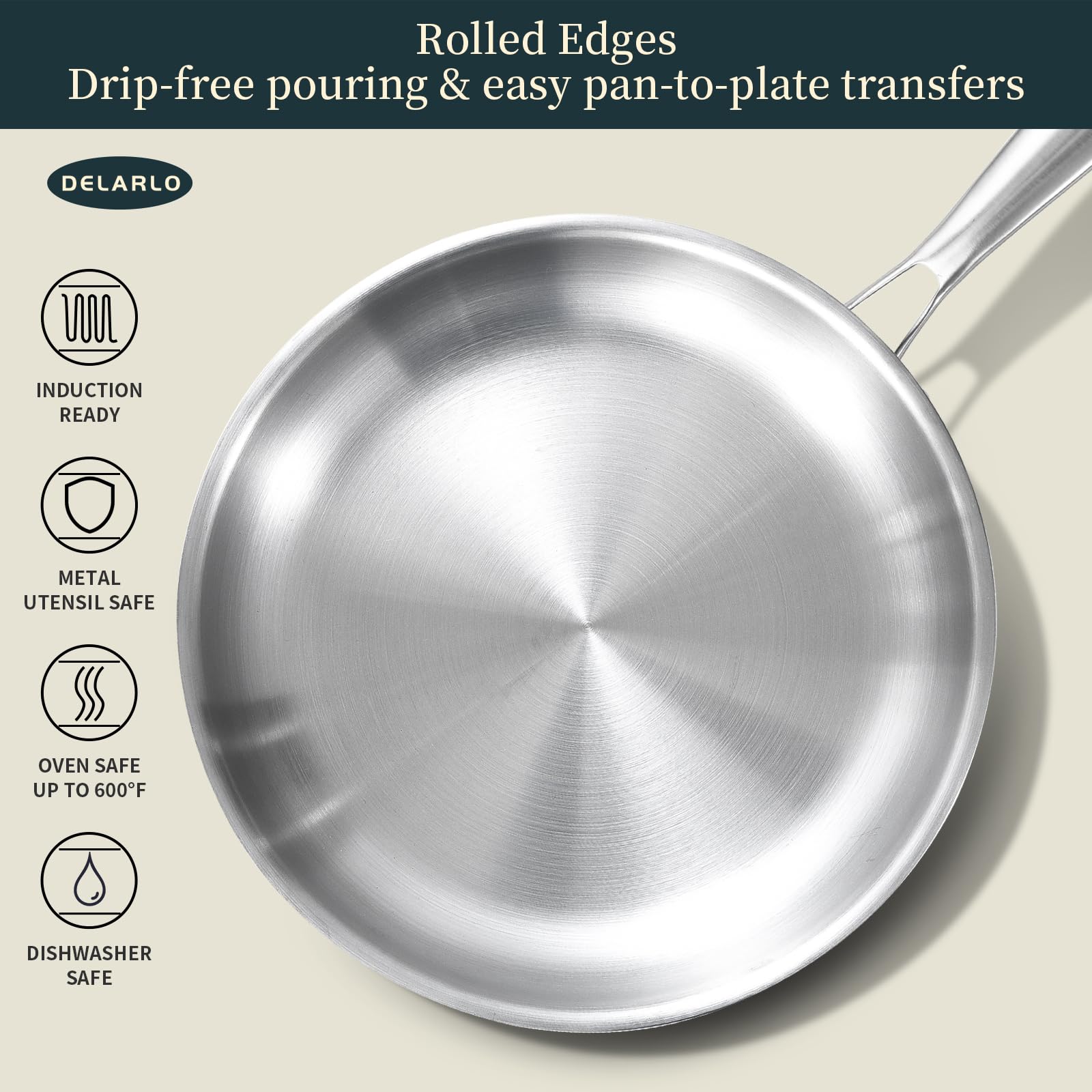 Delarlo pan shows oven-safe up to 600 degrees F with durable construction.