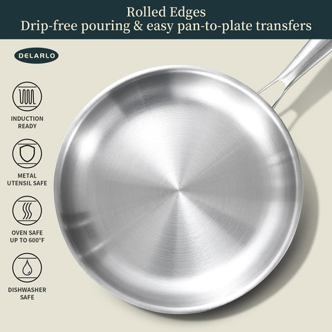 Delarlo pan shows oven-safe up to 600 degrees F with durable construction.