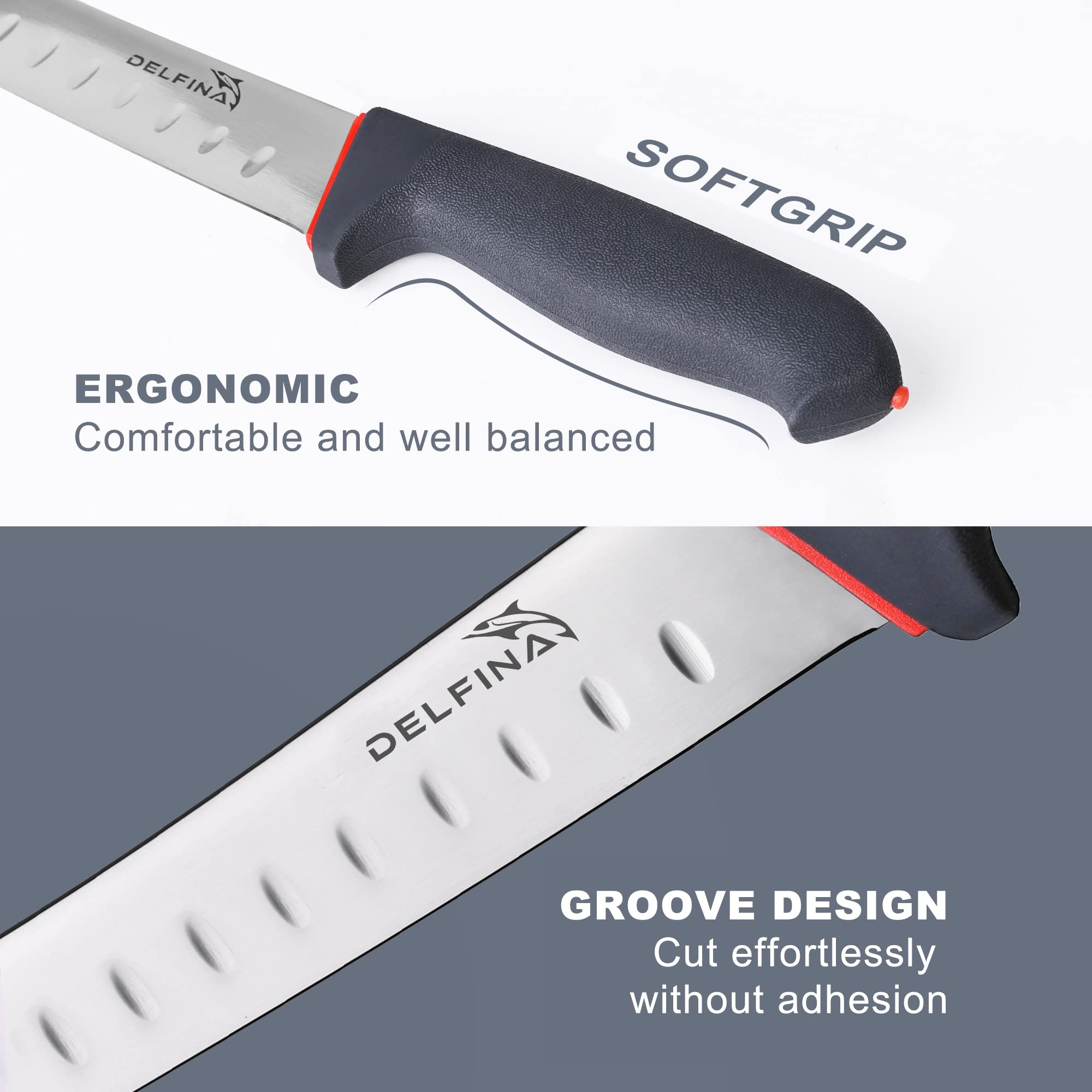 Delfina curved breaking knife with sheath ready for safe storage.