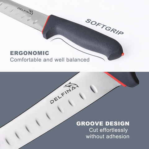 Delfina curved breaking knife with sheath ready for safe storage.