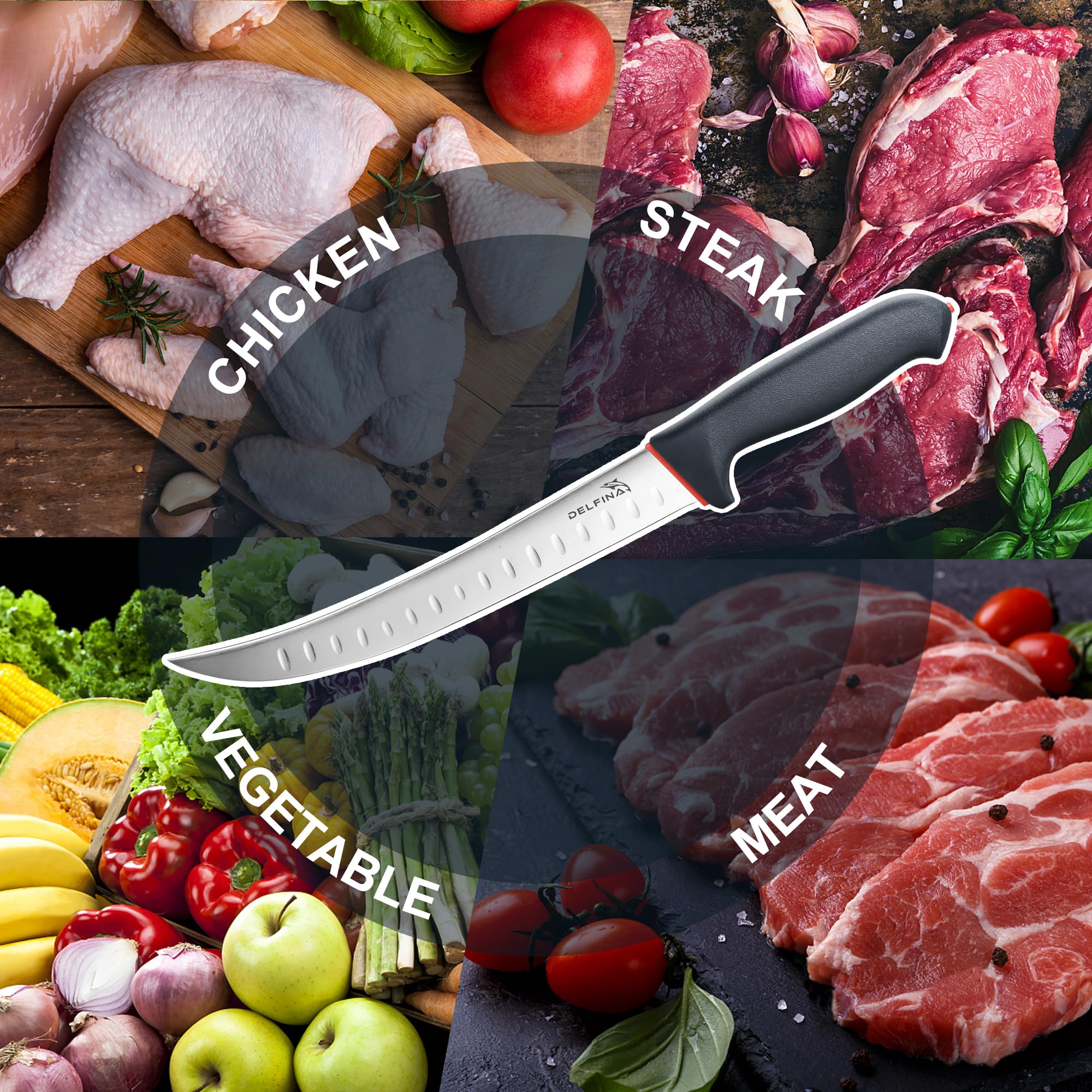 Delfina knife groove design minimizes sticking for smoother slices.