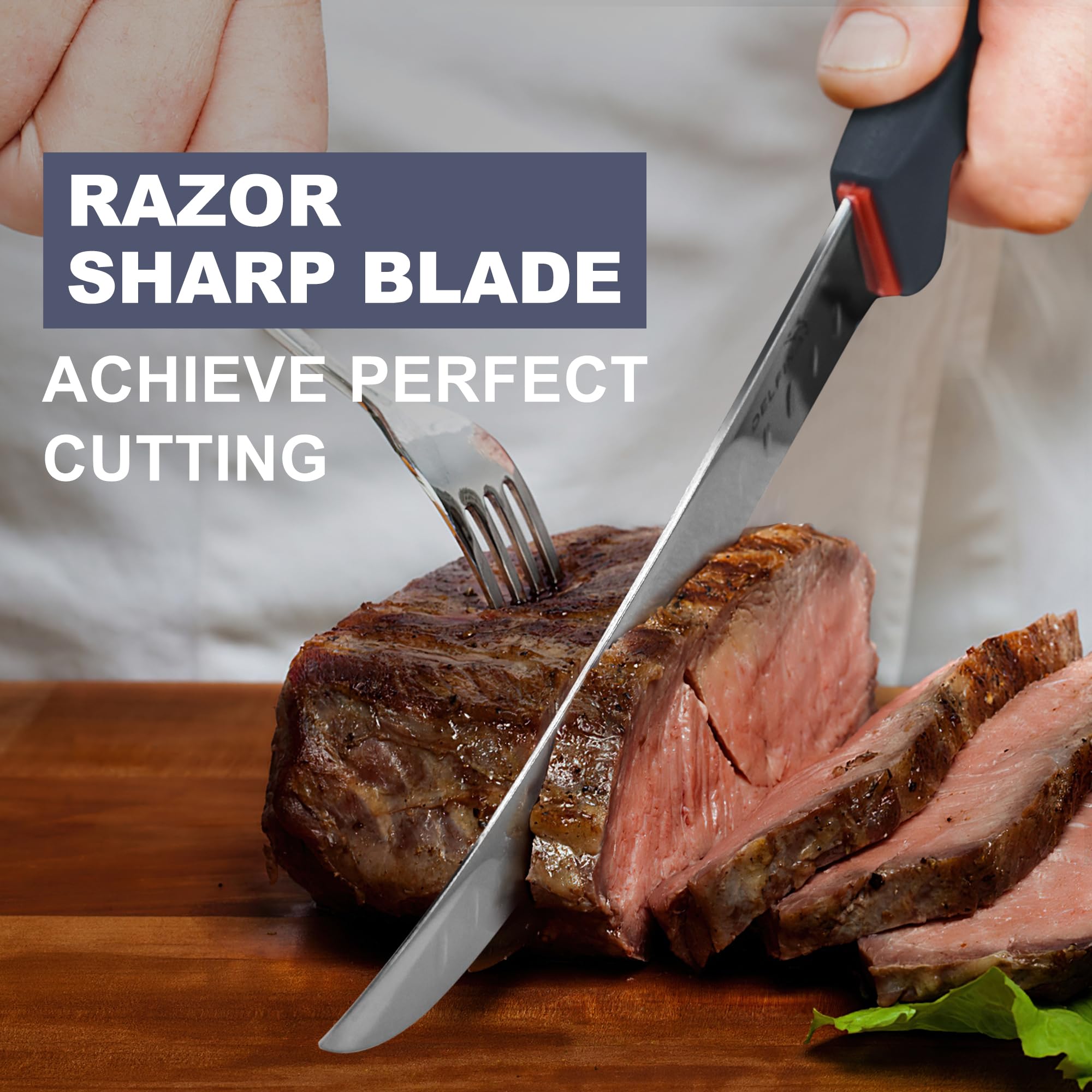 Delfina high-carbon stainless steel core ensures durability and edge retention.