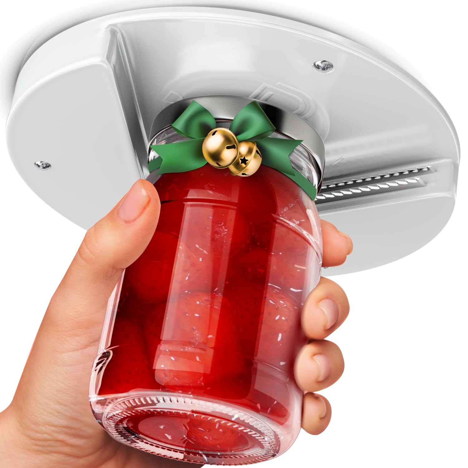 Delfori under-cabinet lid-opener with sharp teeth eases jar opening for weak grips.