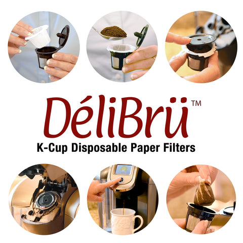 Delibru compostable filters highlight eco-friendly coffee filtration.