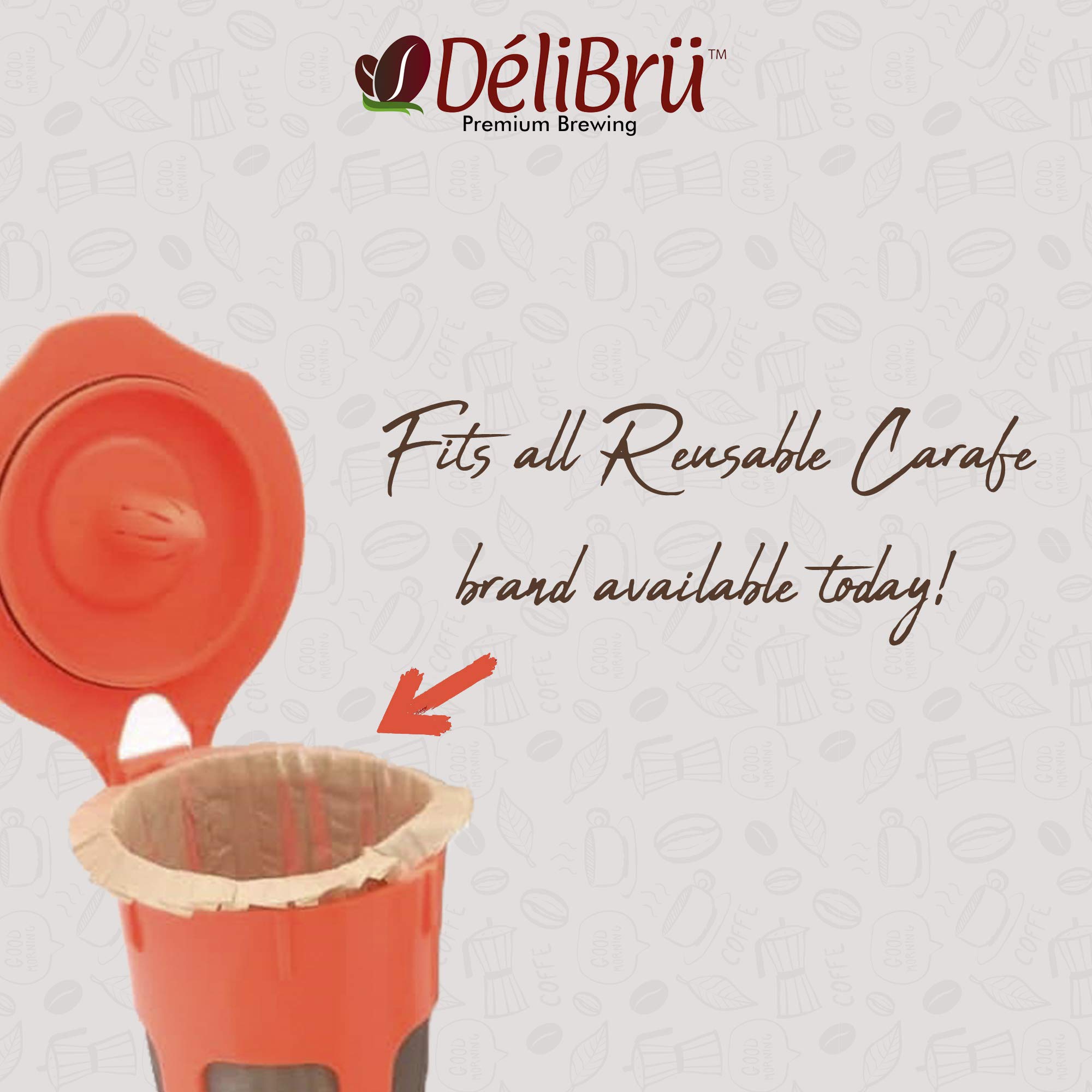 Delibru filters inside a reusable cup, a universal carafe fit.
