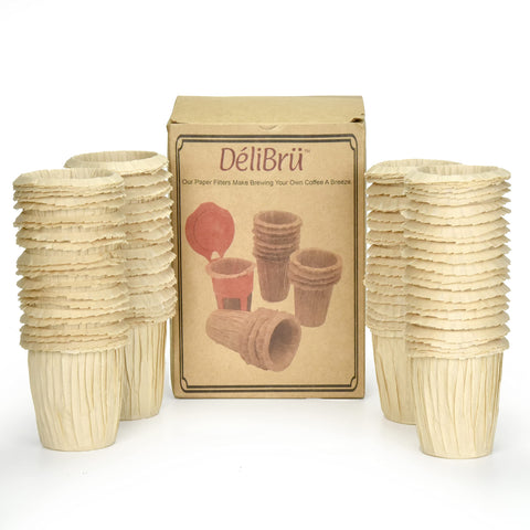 Delibru filters beside a mug, an ideal daily coffee choice.