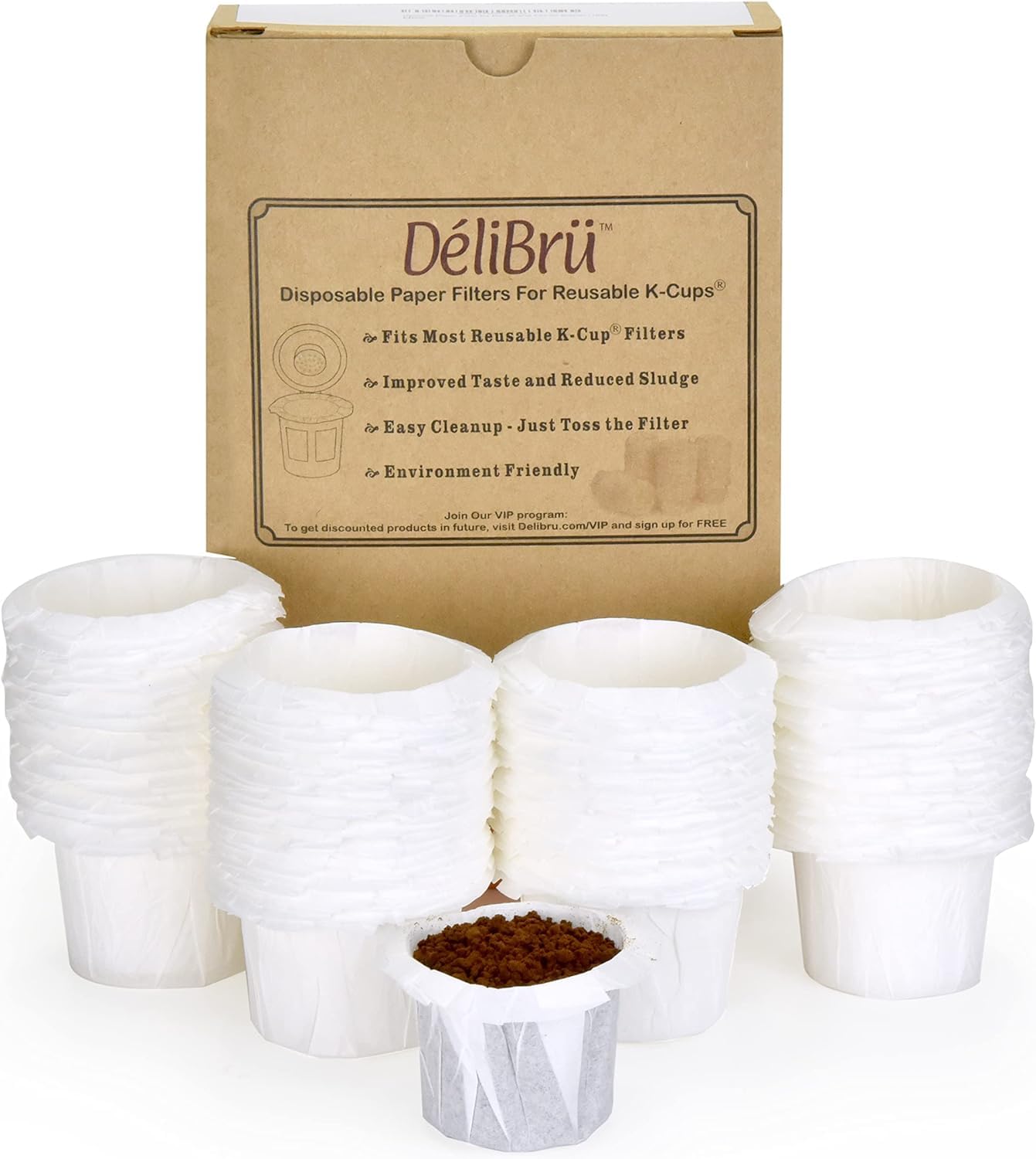 Delibru K Cup disposable filters – pack shot – for cleaner brews with less sediment.