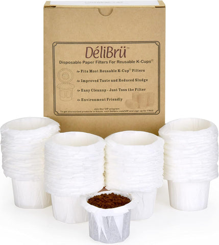 Delibru K Cup disposable filters – pack shot – for cleaner brews with less sediment.