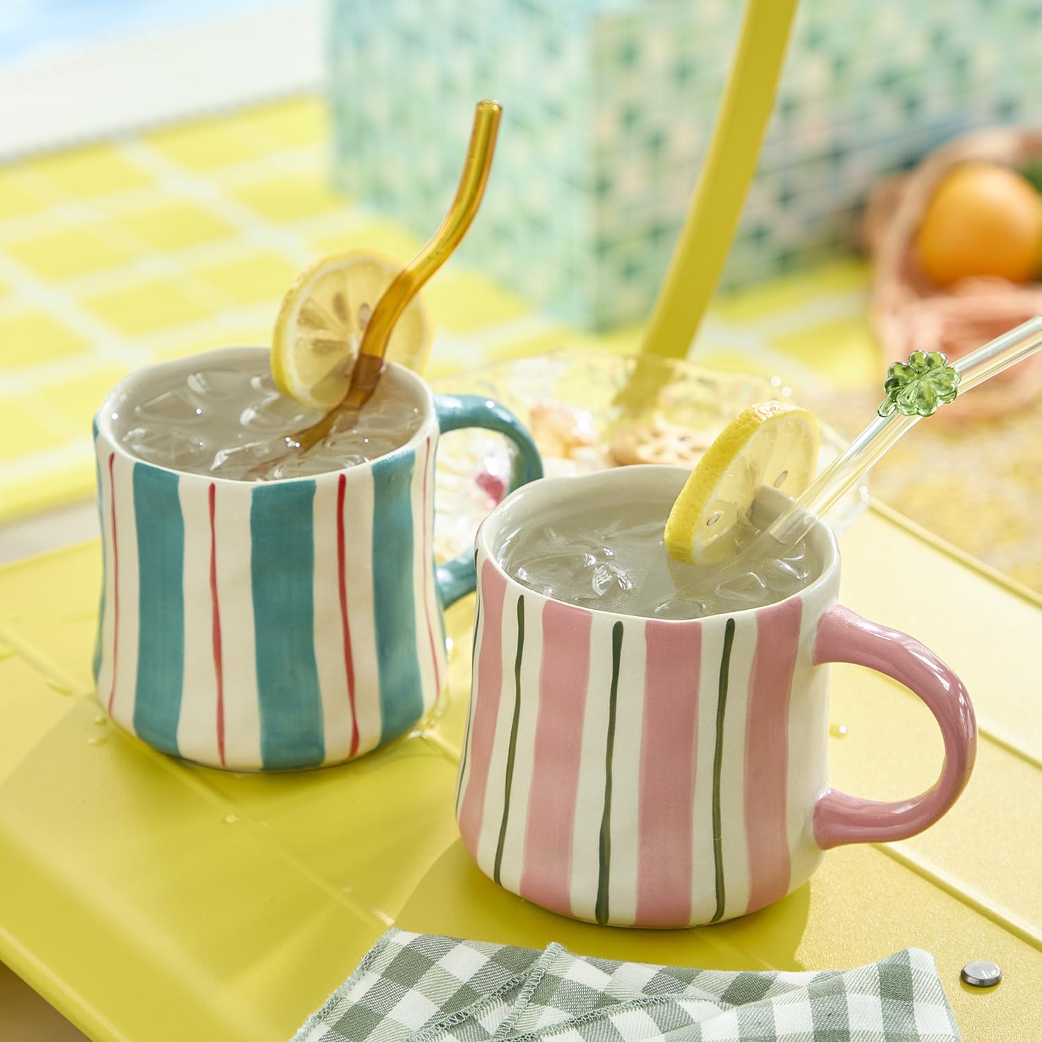 DELIGHTS GALORE 12oz pink-green mugs keep beverages warm and satisfying.