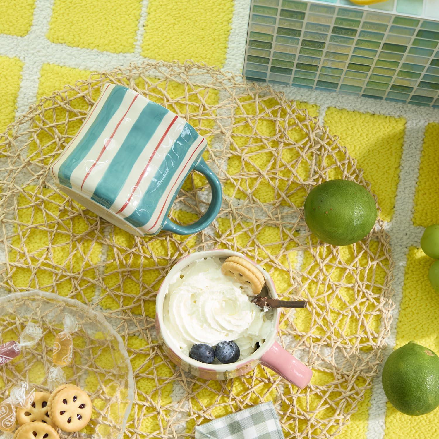 DELIGHTS GALORE striped mugs with comfortable handles for secure, cool-to-touch use.