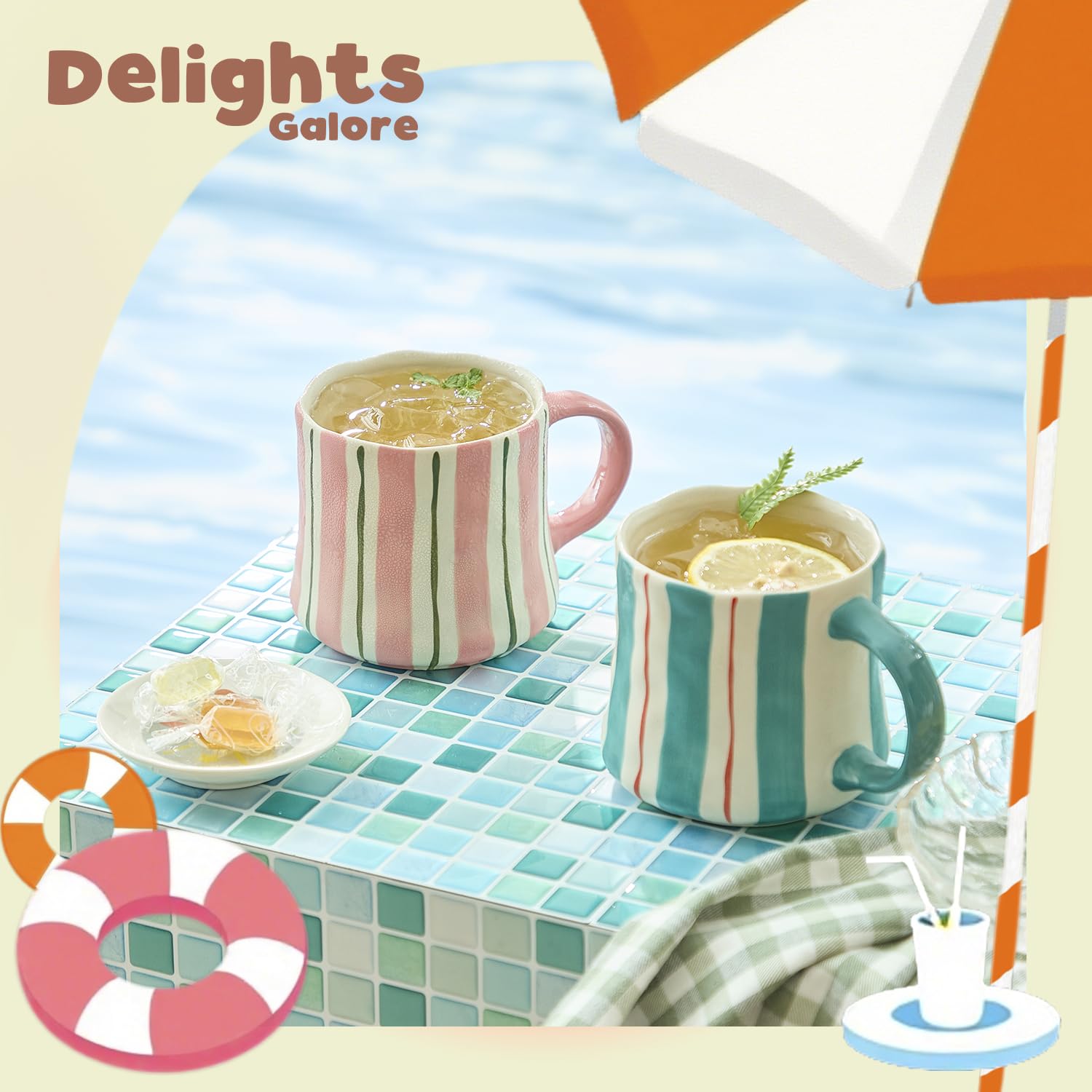 DELIGHTS GALORE stackable mugs save cabinet space while adding vibrant color.