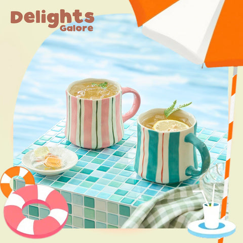 DELIGHTS GALORE stackable mugs save cabinet space while adding vibrant color.