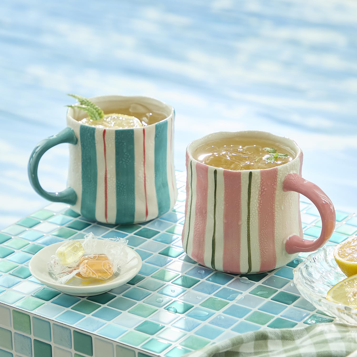 DELIGHTS GALORE striped mugs in pink and green, a two-pack for daily coffee rituals.