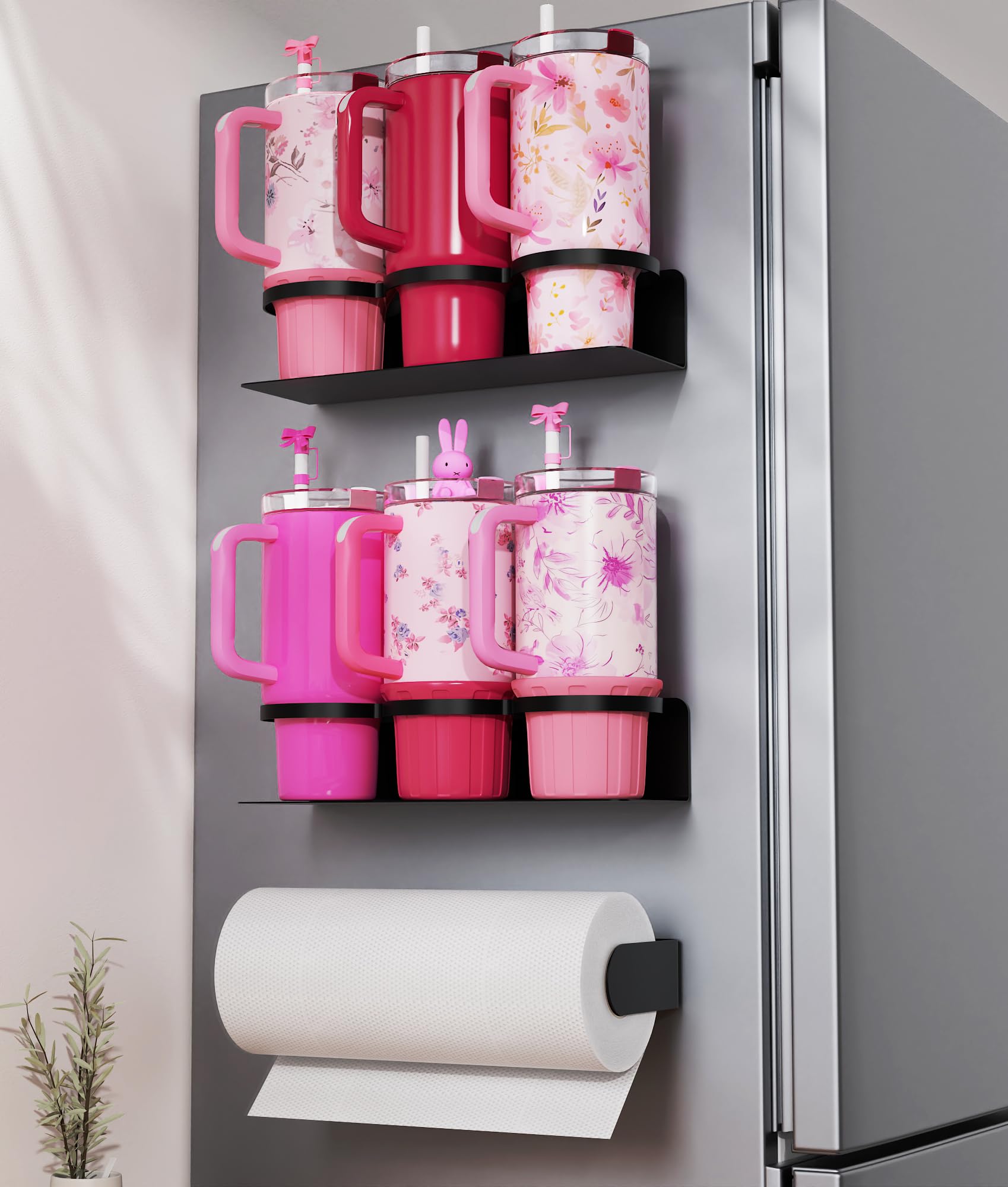 DELITON two-pack magnetic cup holder on fridge keeps Stanley tumblers organized.