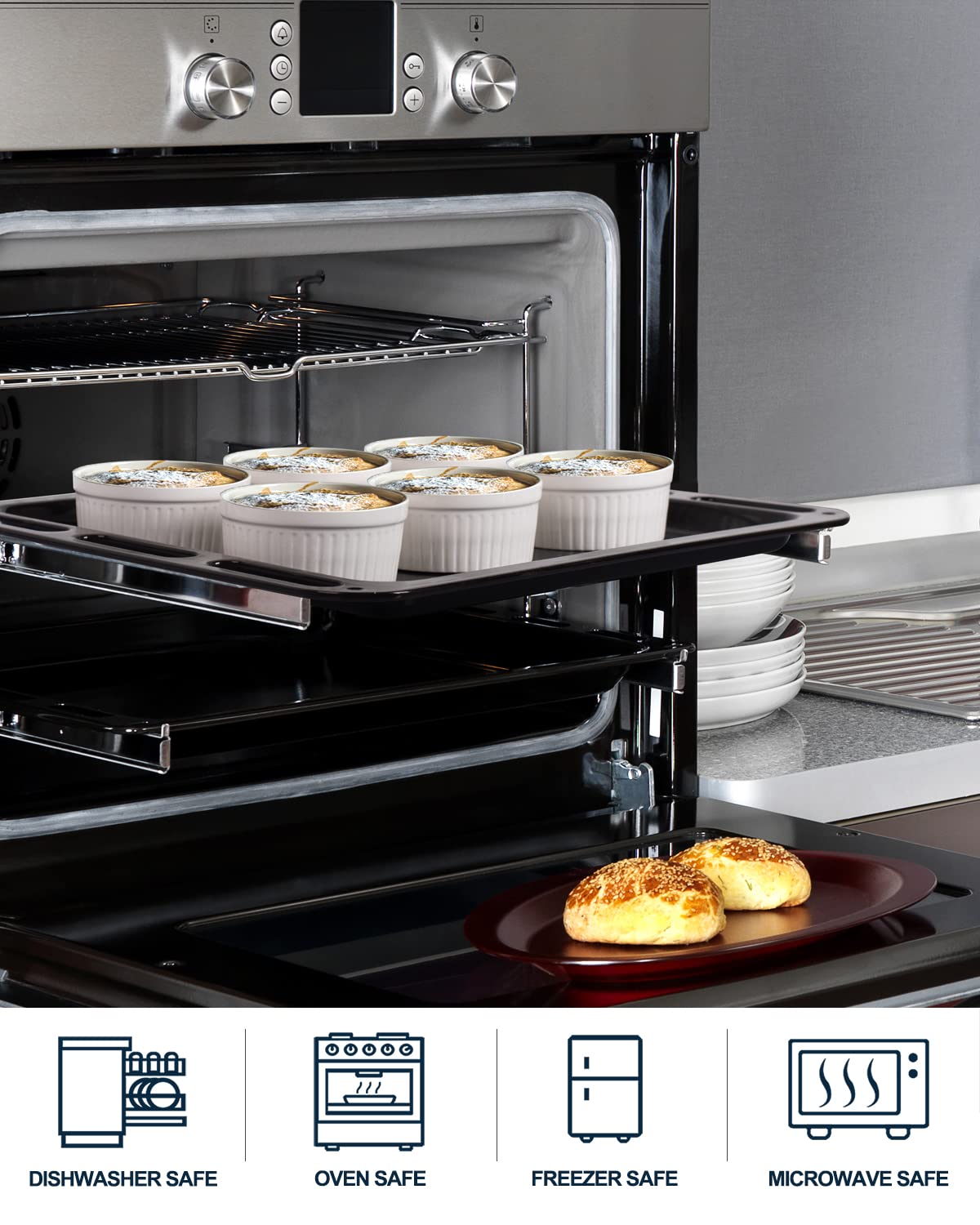 Delling dishwasher-safe porcelain ramekins for quick cleanup after meals.