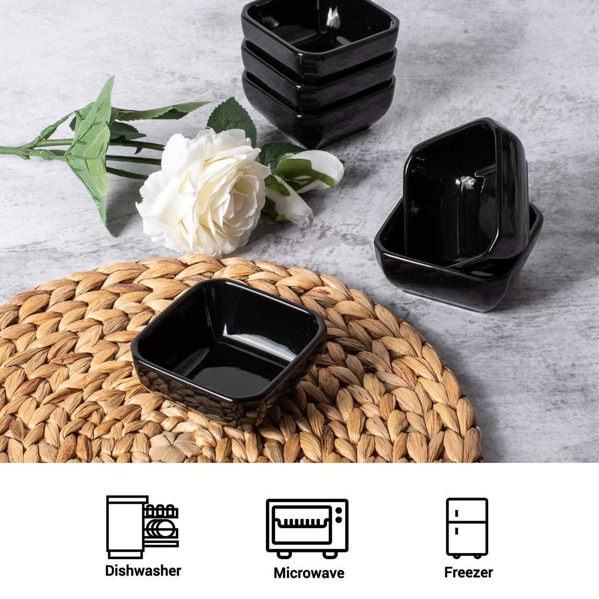 DELLING black dip bowls, dishwasher-safe after meals.
