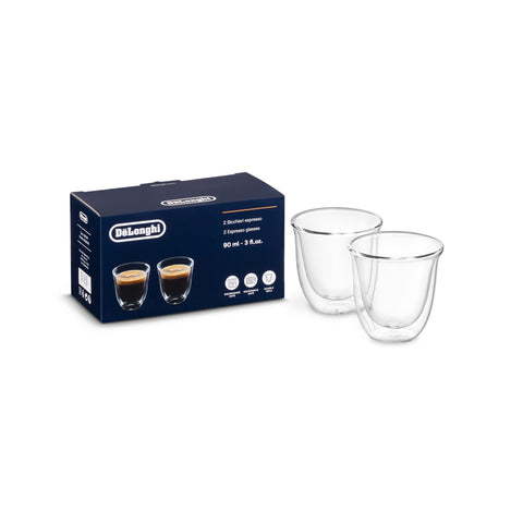 De'Longhi 3oz espresso glasses with double-wall insulation for heat retention and condensation-free handling.