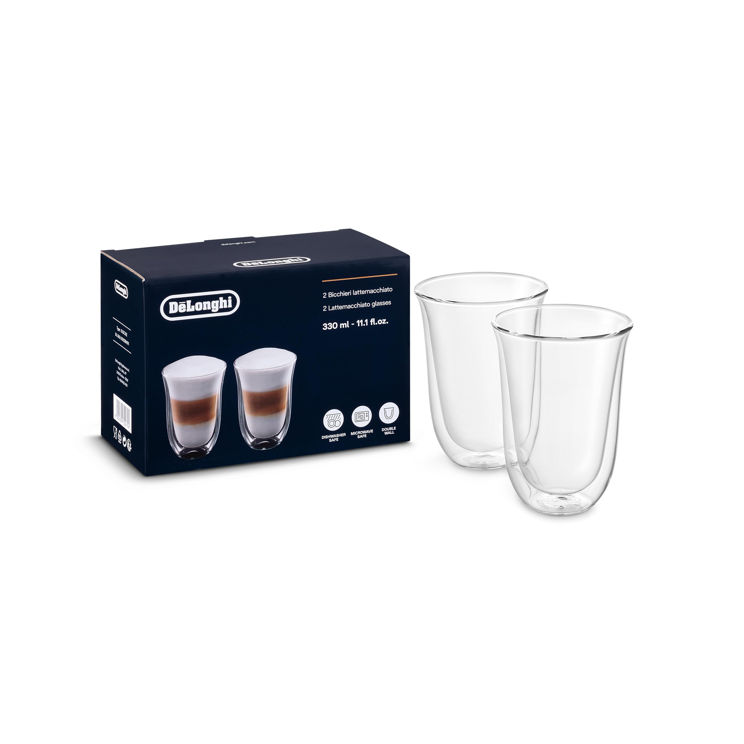 De'Longhi double-walled latte glasses two-pack, front view, keeps beverages hot or cold.
