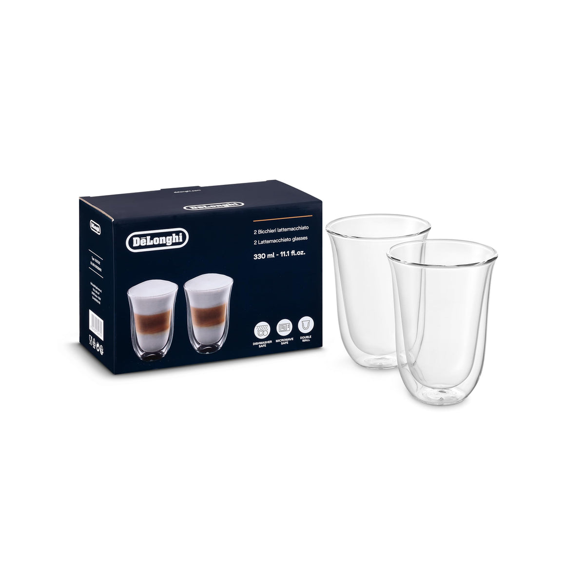 De'Longhi double-walled latte glasses two-pack, front view, keeps beverages hot or cold.