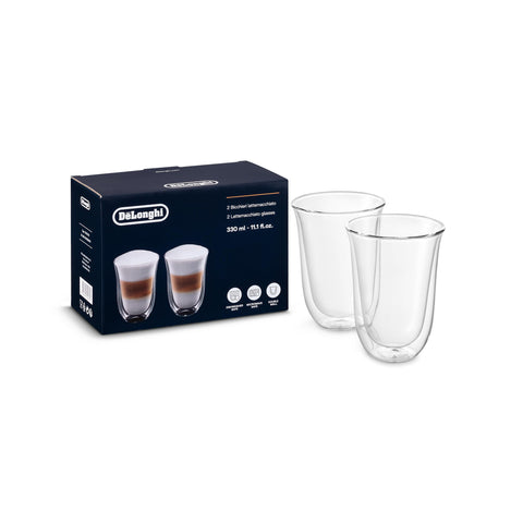 De'Longhi double-walled latte glasses two-pack, front view, keeps beverages hot or cold.