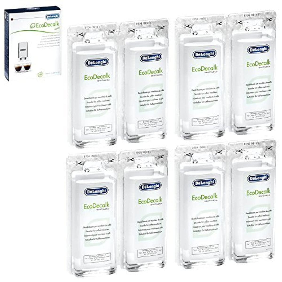 De'Longhi EcoDecalk sachets packaging for mess-free coffee machine descaling.