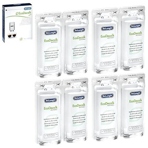 De'Longhi EcoDecalk sachets packaging for mess-free coffee machine descaling.