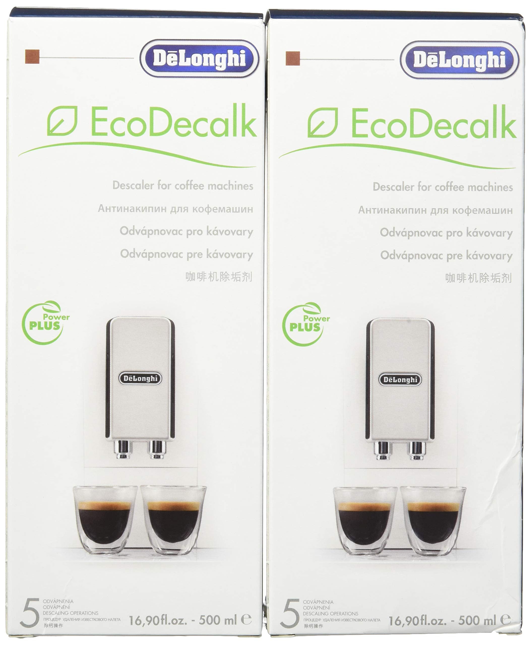 Delonghi Eco Descaling Solution bottle front, eco-friendly formula for safe coffee machine maintenance.