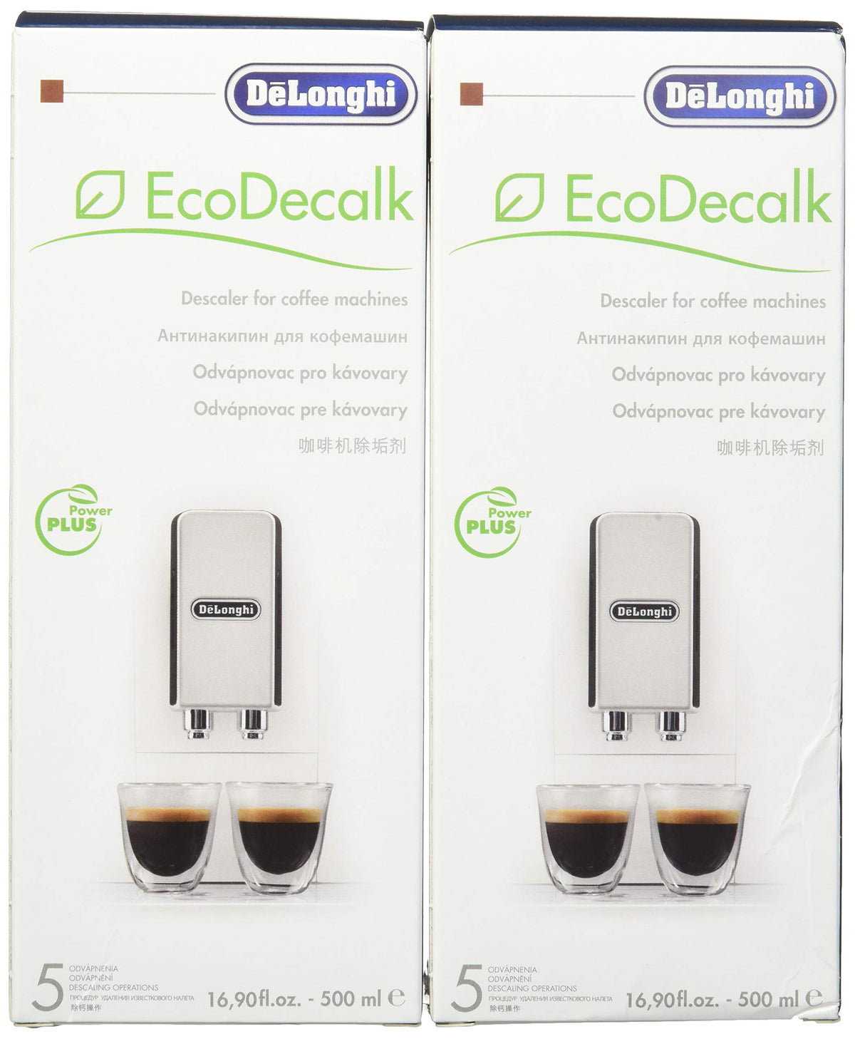 Delonghi Eco Descaling Solution bottle front, eco-friendly formula for safe coffee machine maintenance.