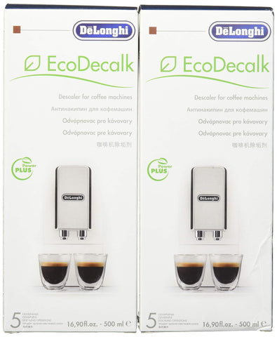 Delonghi Eco Descaling Solution bottle front, eco-friendly formula for safe coffee machine maintenance.