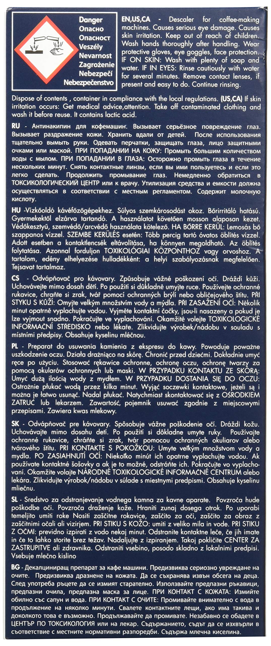 Delonghi Eco Descaling Solution label closeup, clear instructions for easy descaling.