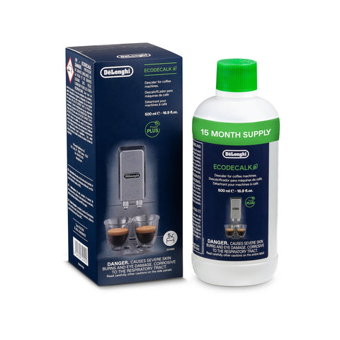 De'Longhi EcoDecalk descaler bottle ready for eco-friendly coffee machine care.