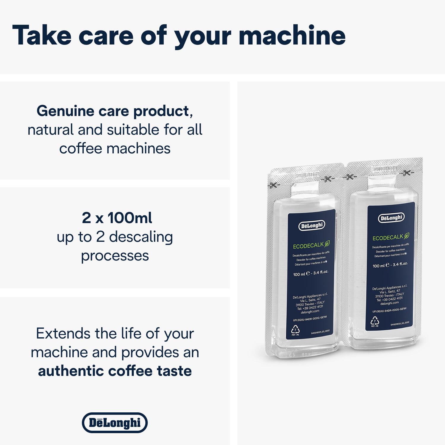 De'Longhi EcoDecalk bottle closeup showing plant-based formula