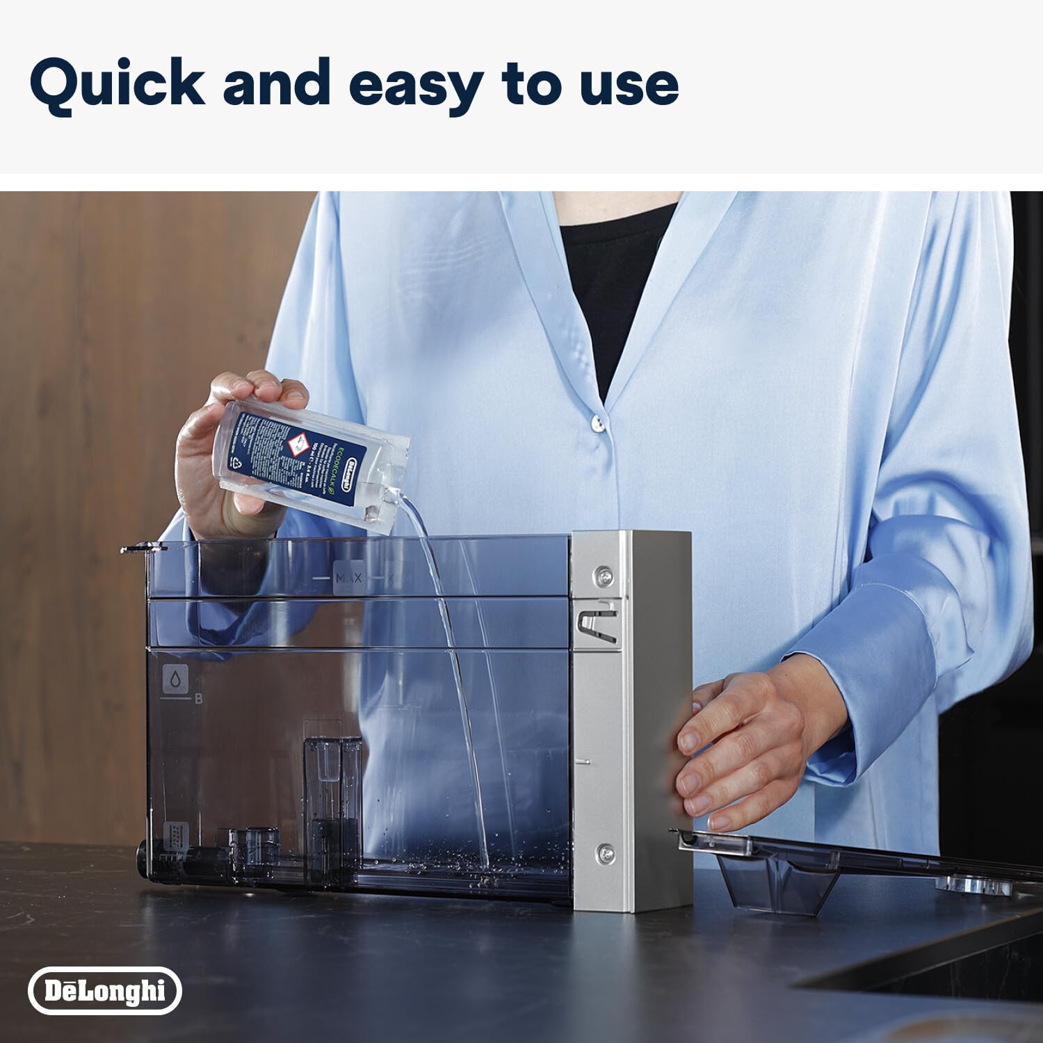 De'Longhi EcoDecalk descaler dispensing view for easy use