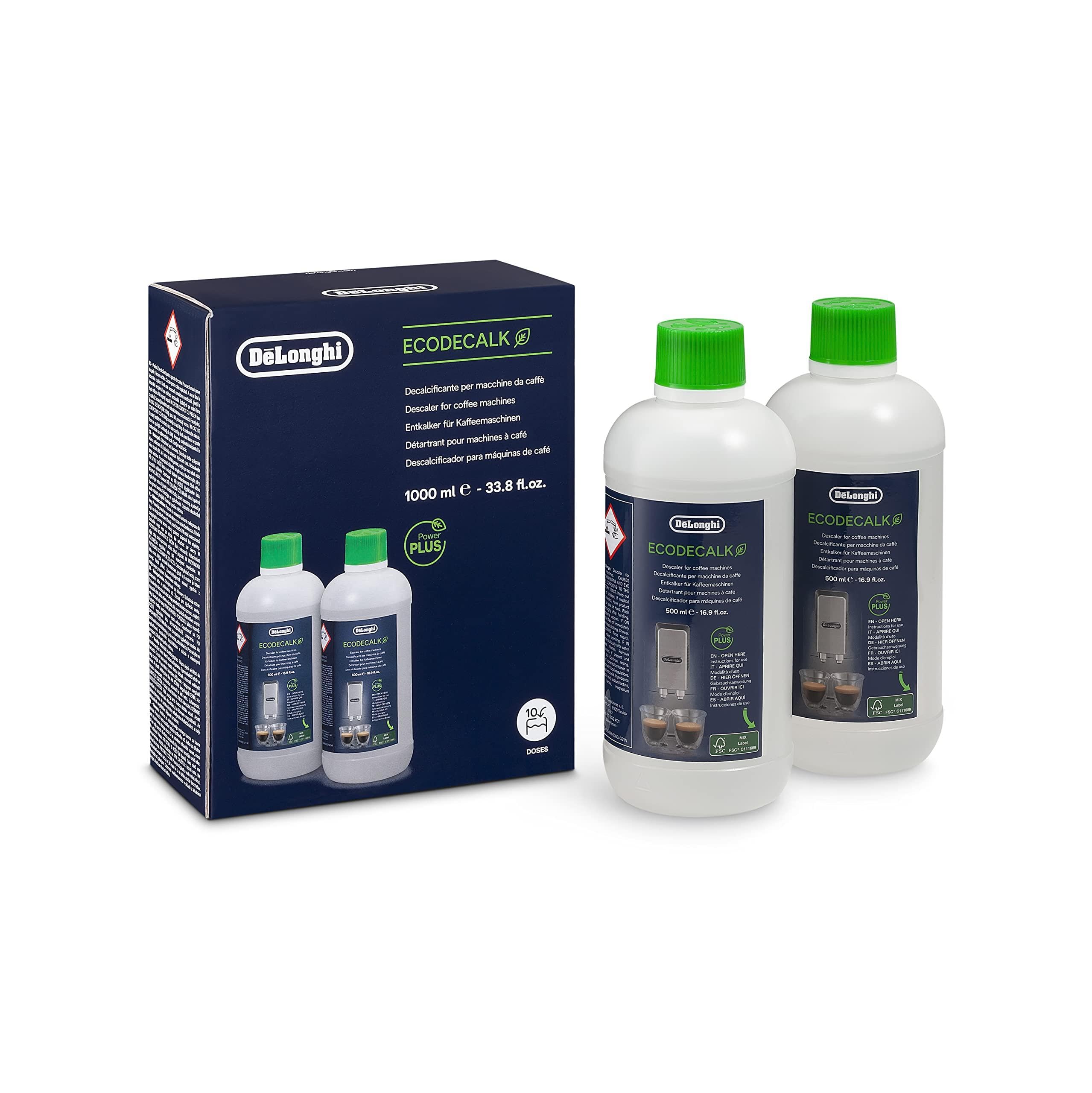 De'Longhi EcoDecalk 2-pack bottle showing eco-friendly descaling for coffee machines.