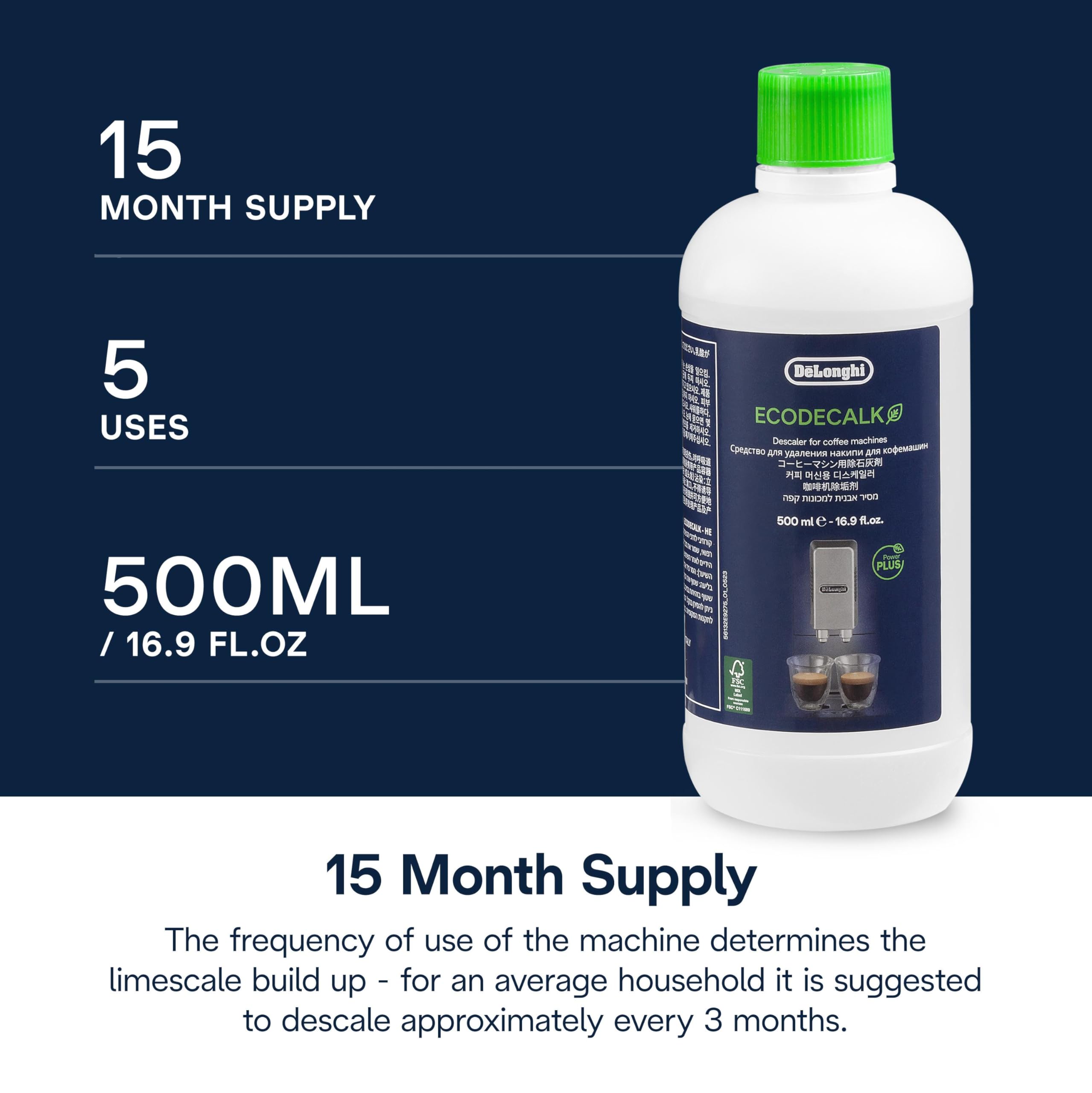 De'Longhi EcoDecalk 2-pack eco icon shows eco-friendly formula for water scale protection.