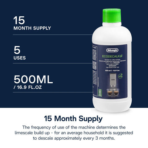 De'Longhi EcoDecalk 2-pack eco icon shows eco-friendly formula for water scale protection.